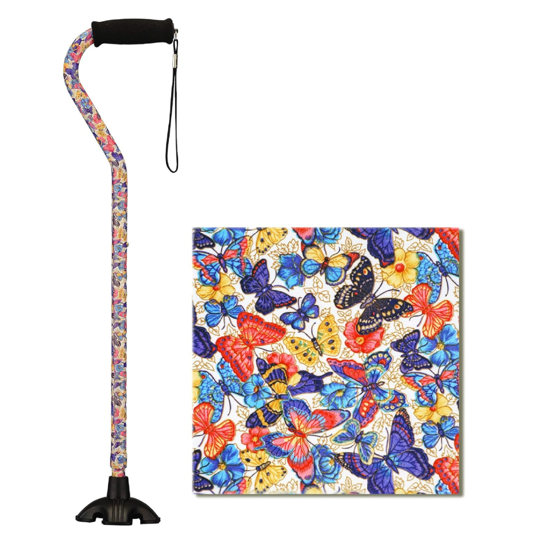 Introducing the Nova Medical Stand Alone SugarCane with Quad Tip, featuring vibrant blue, red, yellow, and orange butterflies on a white background. The Quad Tip base offers stability, while the comfortable grip ensures usability.